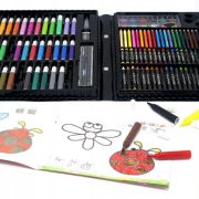 Set 168 piese pentru pictura, pentru copii sau adulti, pixuri de colorat, creioane colorate si vopsele de pictura, cu cutie de depozitare, model AVX-WT-KIDDO-02