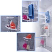 Organizator baie, raft de baie de tip "coltar" cu brat telescopic, cu 4 etajere si suport pentru prosop