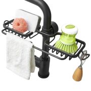 Raft organizator dublu, universal pentru bucatarie sau baie, montaj pe robinet, material otel, culoare Neagra