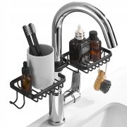 Raft organizator dublu, universal pentru bucatarie sau baie, montaj pe robinet, material otel, culoare Neagra