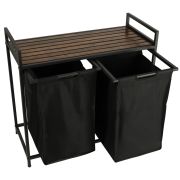 Cos mare de rufe cu doua compartimente, cu raft si blat din lemn, model LOFT, culoare neagra