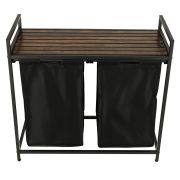Cos mare de rufe cu doua compartimente, cu raft si blat din lemn, model LOFT, culoare neagra