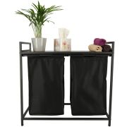 Cos mare de rufe cu doua compartimente, cu raft si blat din lemn, model LOFT, culoare neagra