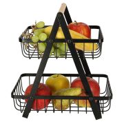 Cos de fructe cu doua etaje, pliabil, lemn + metal, culoare neagra