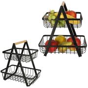 Cos de fructe cu doua etaje, pliabil, lemn + metal, culoare neagra