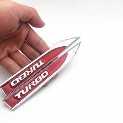 Set 2 embleme auto metalice TURBO, reliefate 3D, dimensiune 14.6 x 1,8 cm