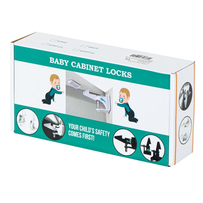 Set 10 blocaje protectie copii pentru sertare sau dulapuri, din plastic, culoare alba