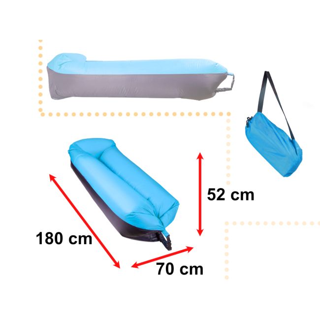 Saltea Autogonflabila "Lazy Bag" tip sezlong, 185 x 70cm, culoare Negru-Albastru, pentru camping, plaja sau piscina