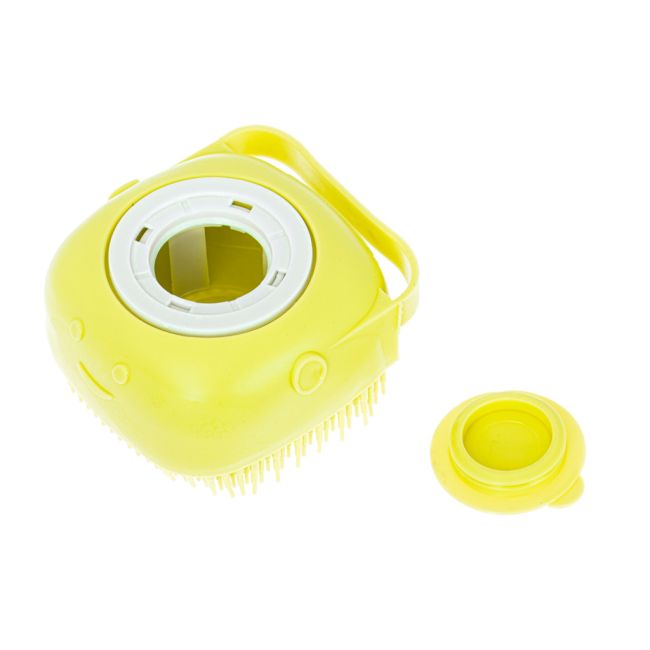 Perie din silicon cu dozator de sampon pentru spalare caini sau pisici, 7,5 x 7,5 cm, culoare galben