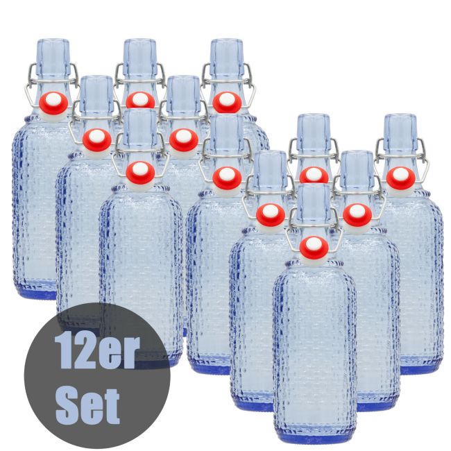 Set 12 sticle culoare Albastru Transparent, volum 0,5l, cu inchidere cu clema metalica, dop cu garnitura, reutilizabile dupa spalare, import Germania
