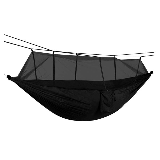 Hamac turistic din nylon cu plasa de tantari, culoare neagra, dimensiuni 260 cm x 140 cm