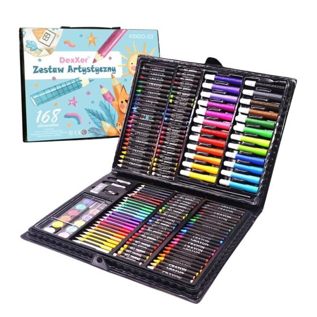 Set 168 piese pentru pictura, pentru copii sau adulti, pixuri de colorat, creioane colorate si vopsele de pictura, cu cutie de depozitare, model AVX-WT-KIDDO-02