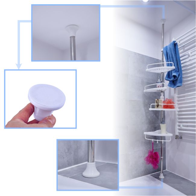 Organizator baie, raft de baie de tip "coltar" cu brat telescopic, cu 4 etajere si suport pentru prosop