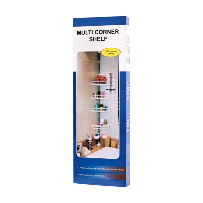 Organizator baie, raft de baie de tip "coltar" cu brat telescopic, cu 4 etajere si suport pentru prosop
