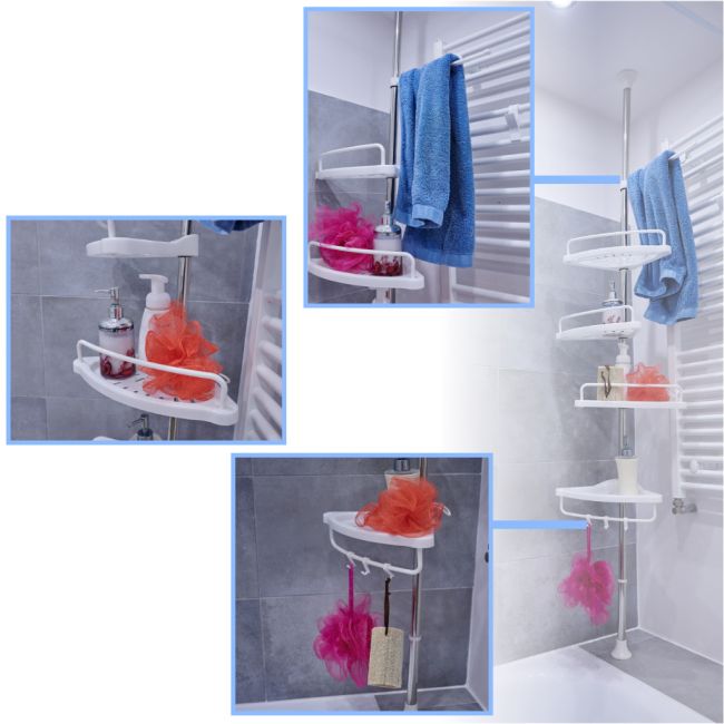 Organizator baie, raft de baie de tip "coltar" cu brat telescopic, cu 4 etajere si suport pentru prosop