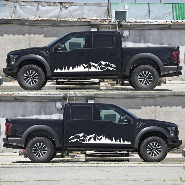 Set 2 stickere autoadezive pentru vehicule Off Road, model "Forest & Mountains", dimensiune 100 x 20 cm, culoare Alba