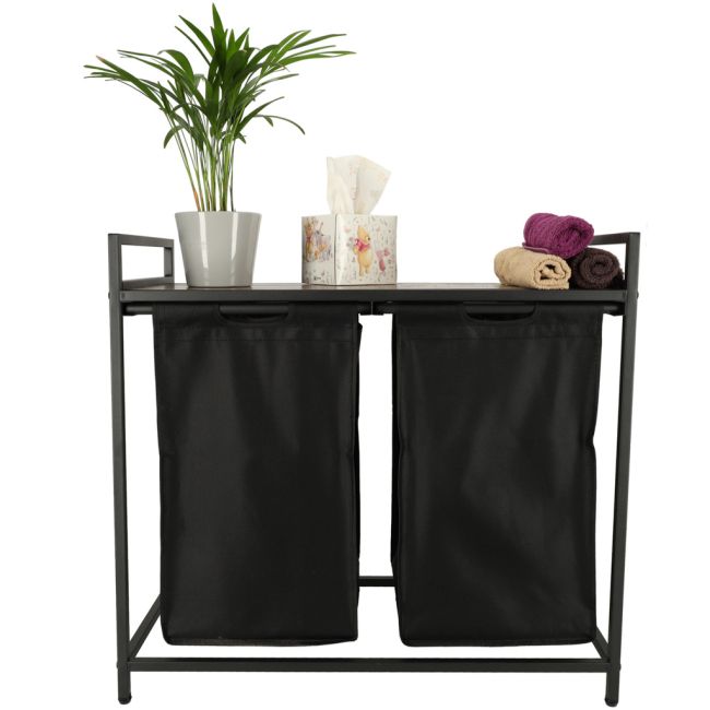 Cos mare de rufe cu doua compartimente, cu raft si blat din lemn, model LOFT, culoare neagra
