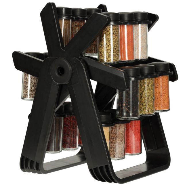 Organizator de condimente cu 18 containere cu suport rotativ pentru bucatarie, culoare neagra