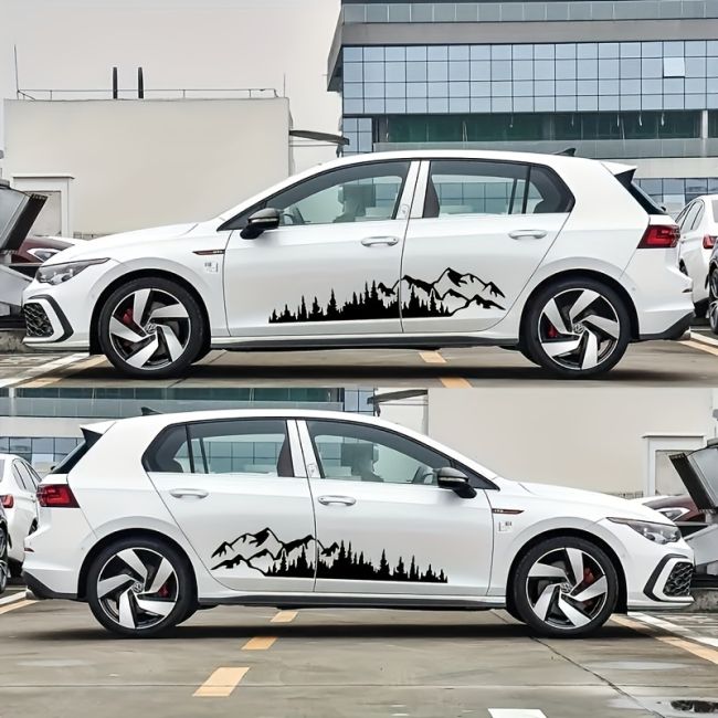 Set 2 stickere autoadezive pentru vehicule Off Road, model "Forest & Mountains", dimensiune 100 x 20 cm, culoare Neagra