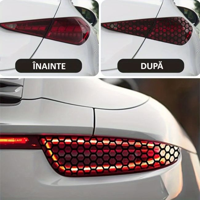 Set 2 folii autoadezive decupate pentru decorarea stopurilor auto, dimensiune 2 x 48 x 30cm, culoare Negru Mat, model HONEYCOMB