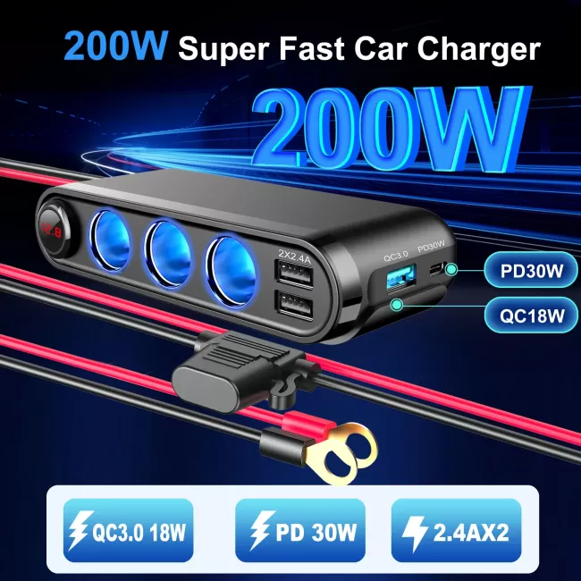 Dispozitiv Auto Premium 3in1, Splitter Bricheta, Incarcator USB/USB-C, Voltmetru Digital, alimentare 12V-24V