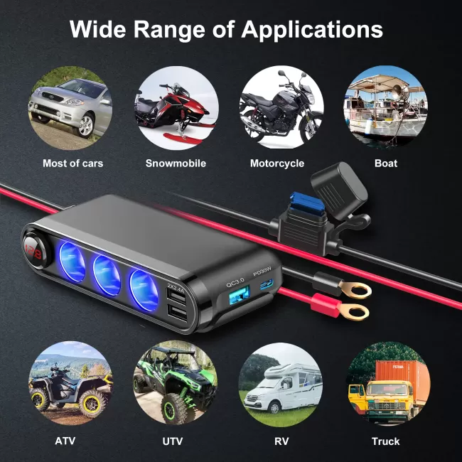 Dispozitiv Auto Premium 3in1, Splitter Bricheta, Incarcator USB/USB-C, Voltmetru Digital, alimentare 12V-24V