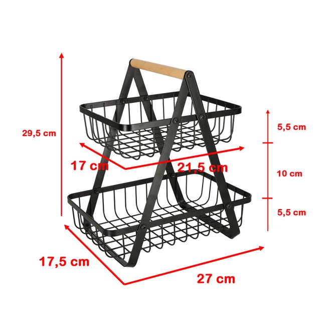 Cos de fructe cu doua etaje, pliabil, lemn + metal, culoare neagra